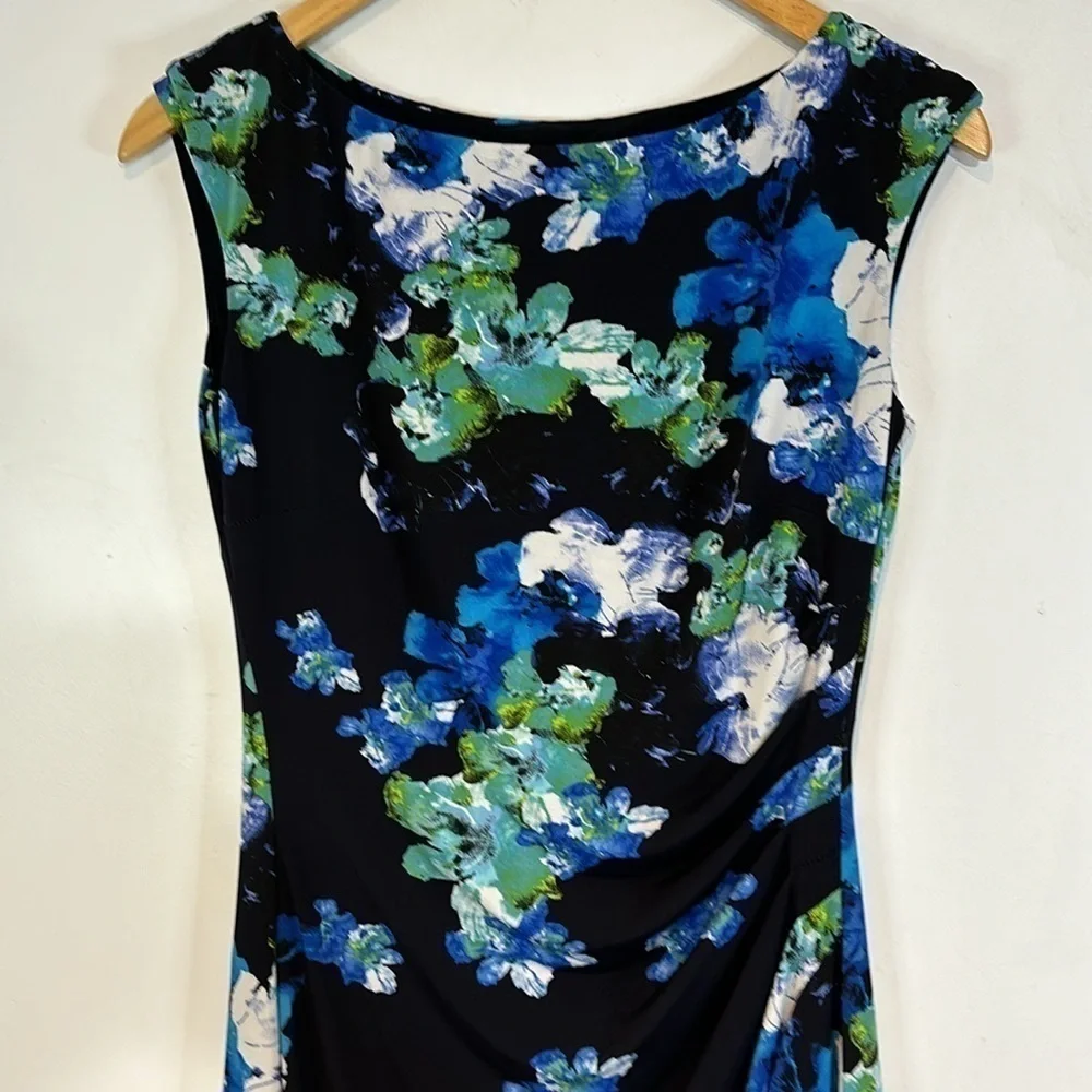 LAUREN Ralph Lauren Dress Ruched Cap Sleeves Lined Black Blue Floral Stretch Sz4 - Picture 4 of 14
